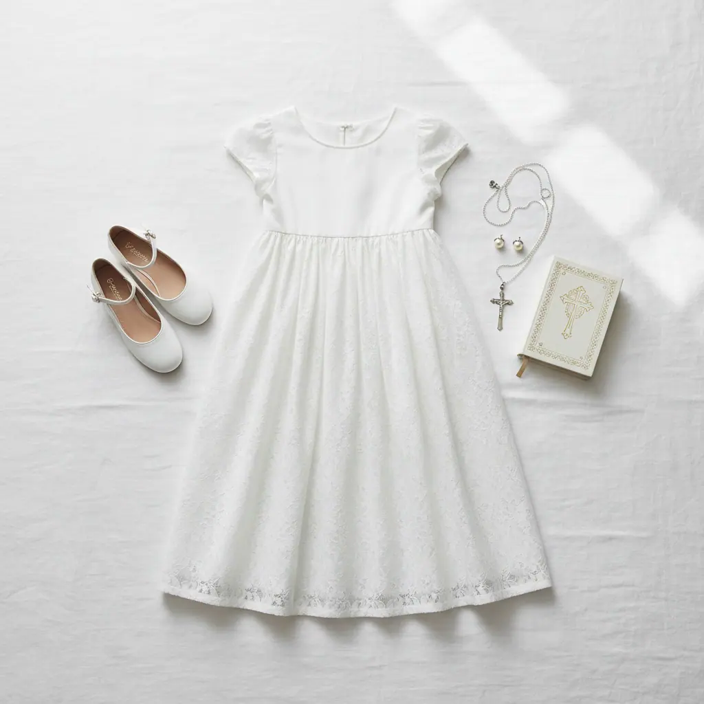 Jeune communiant en costume marine et chemise blanche, aube posée à côté