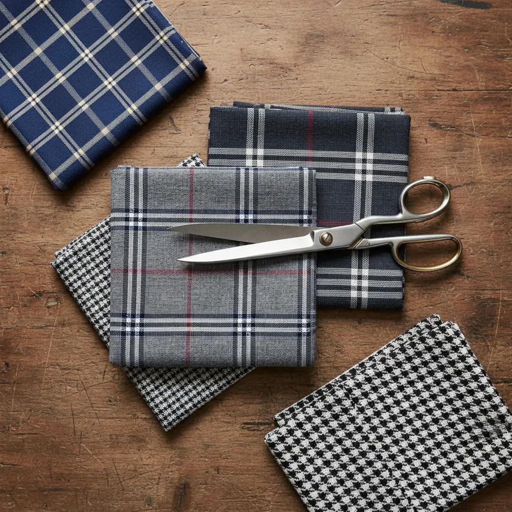 Gros plan sur un tissu windowpane en flanelle grise avec carreaux fins bleu marine bien espacés