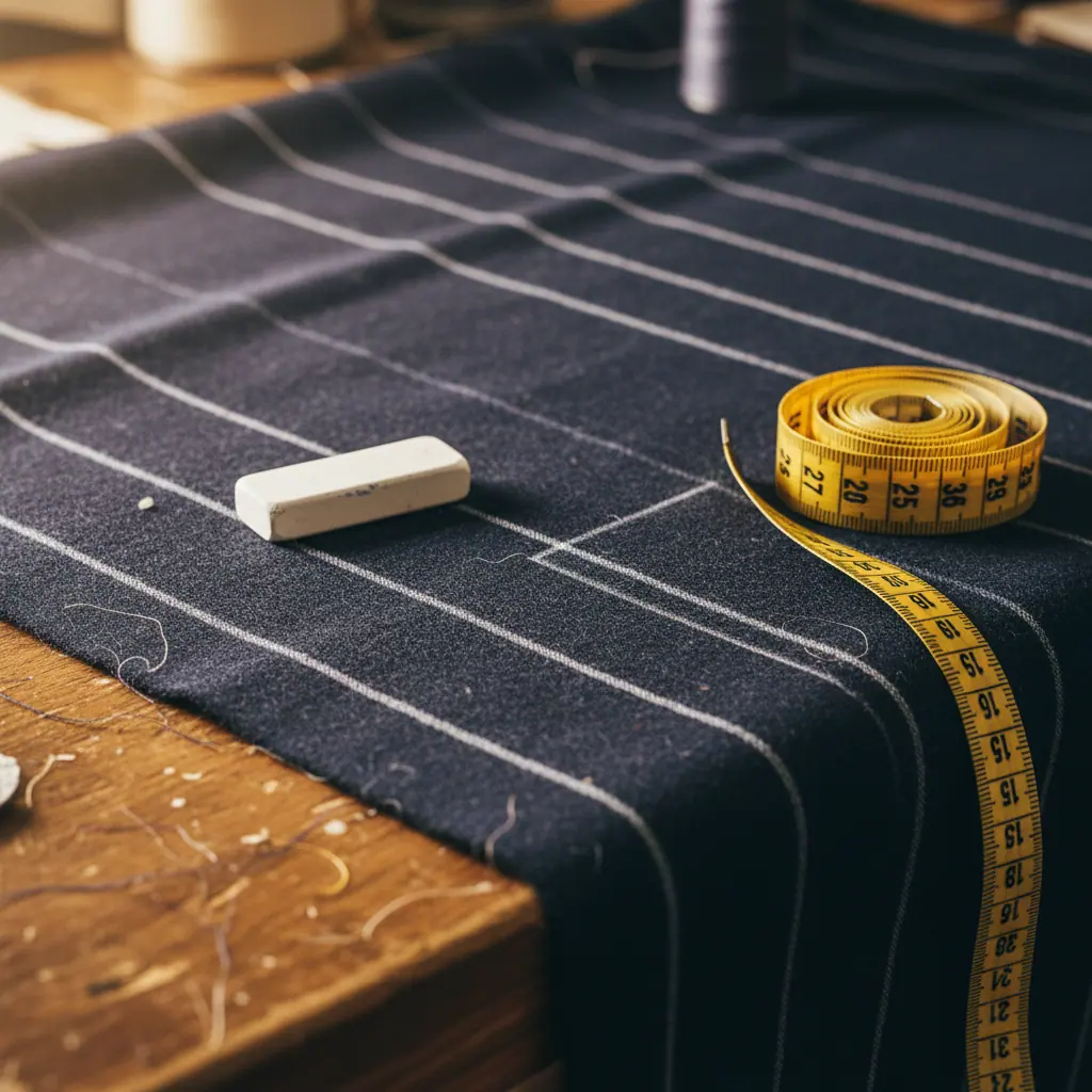 Gros plan sur une rayure craie classique en flanelle grise avec détail du tissage et du tombé