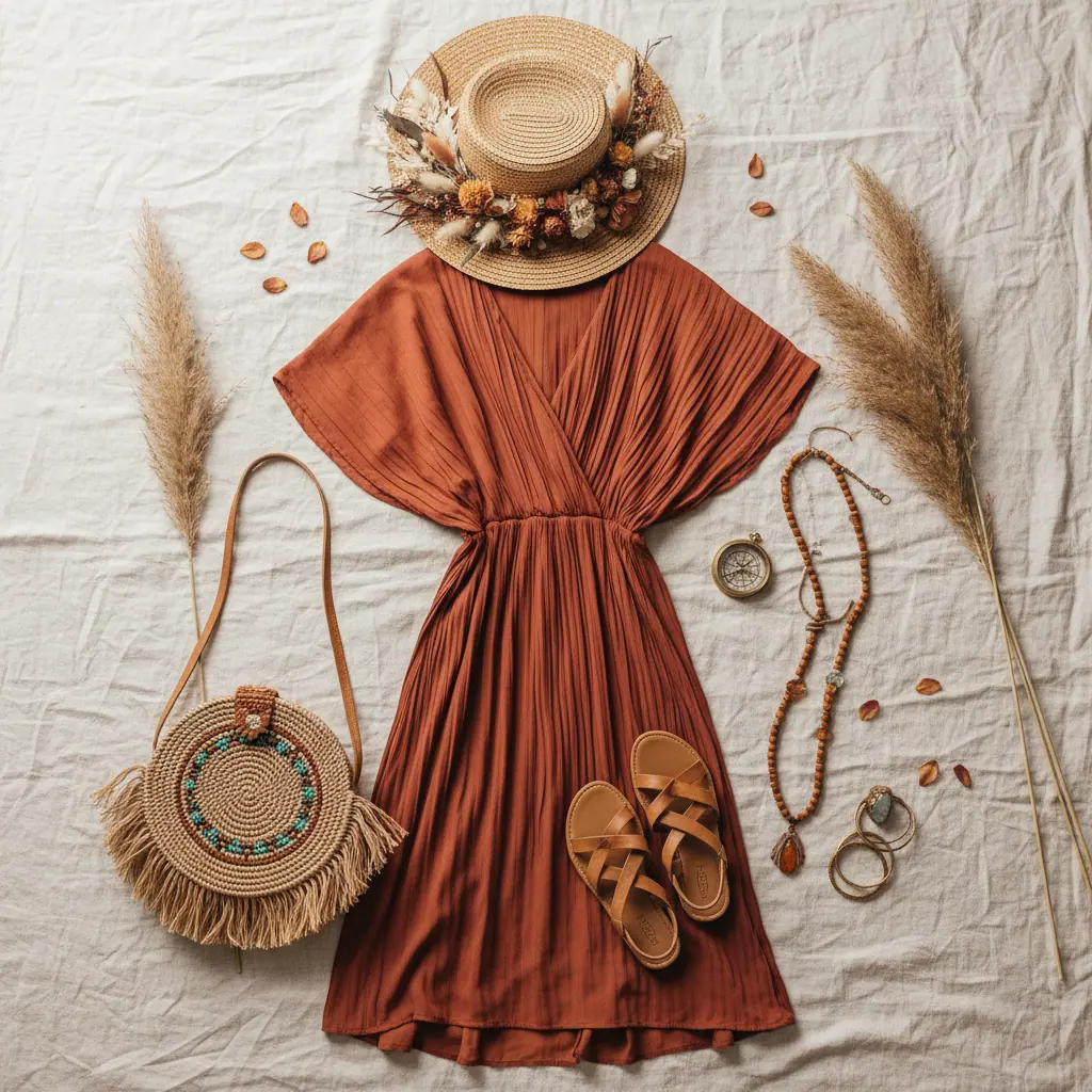 Détail d'une robe champêtre en voile de coton et de sandales tressées sur gravier