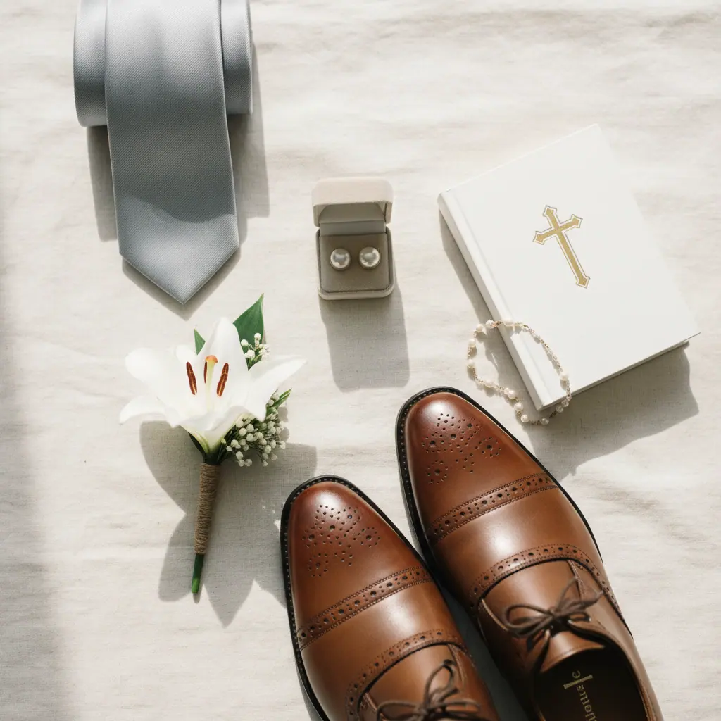 Père en costume gris clair et chemise blanche devant une église de campagne ensoleillée
