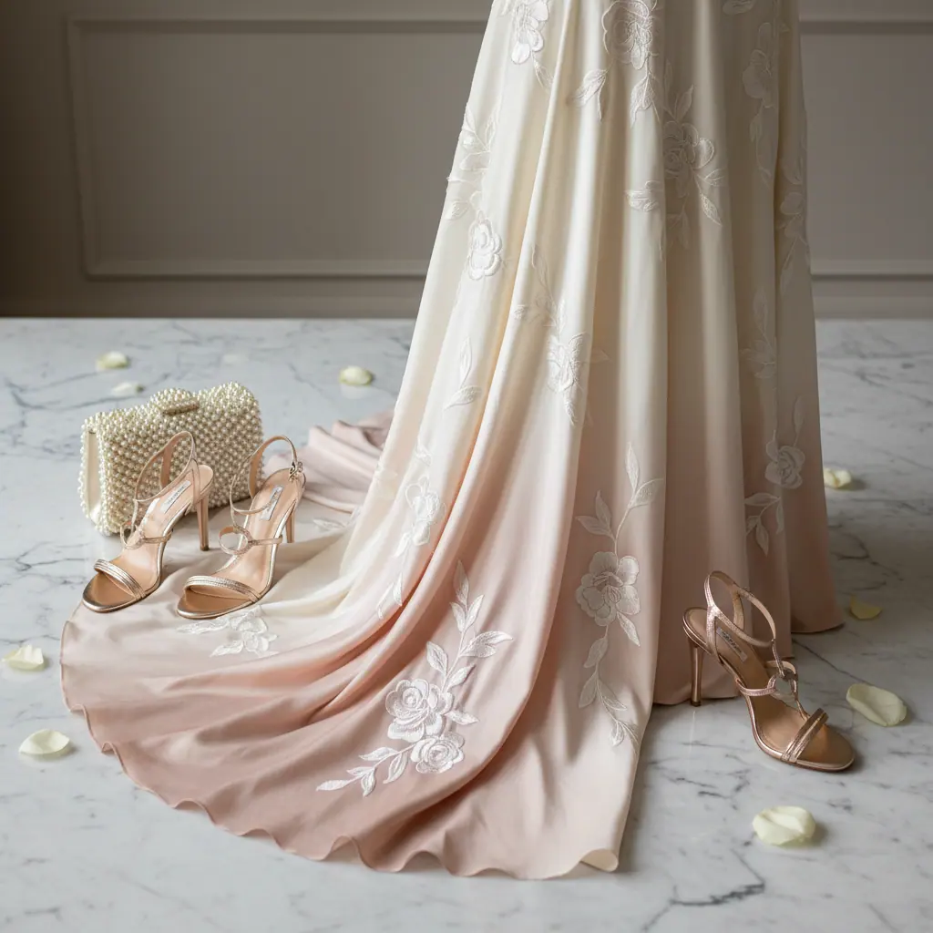 Détail d'une robe longue en satin bleu nuit avec ceinture fine et finition dos nu