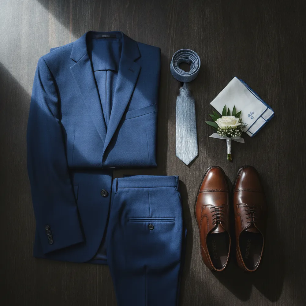 Détails d'une tenue de mariage homme : costume, cravate et boutonnière