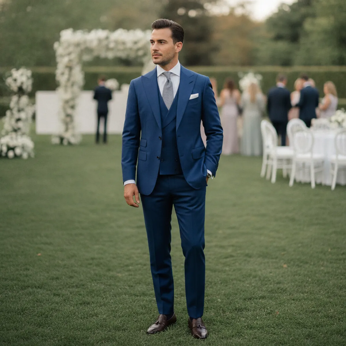 Invité élégant en costume bleu lors d'un mariage en extérieur